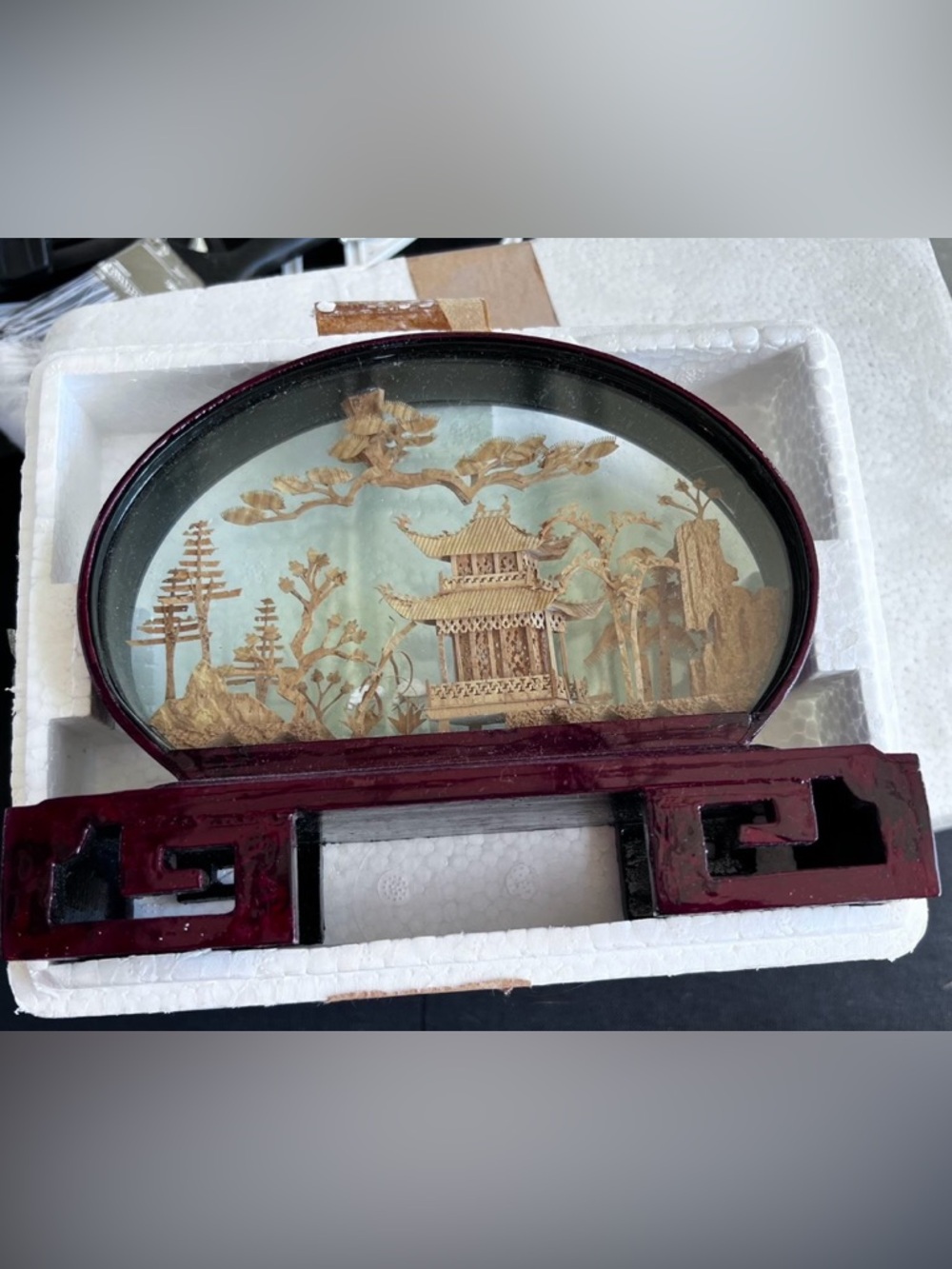Chinese Cork Carving Diorama - Burgundy Frame